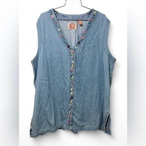 Vintage Kikomo Plus Size Floral Embroidered Button Down Denim Vest